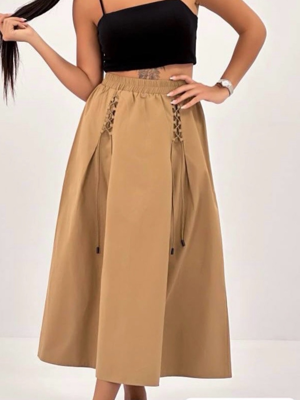 Classic A-Line Midi Skirt in Khaki